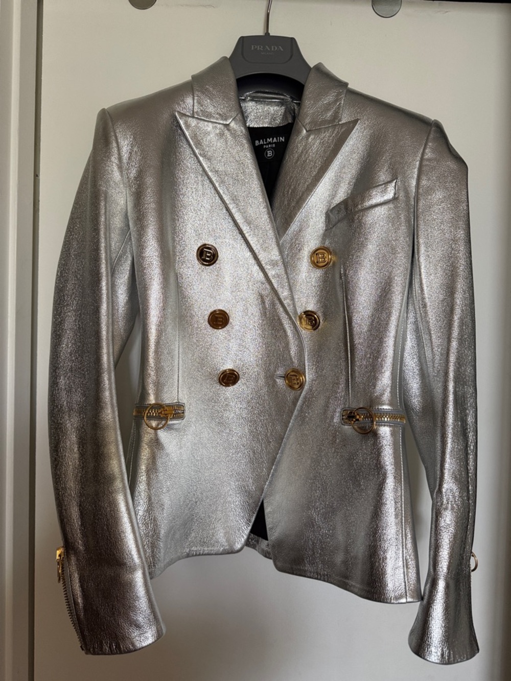 Balmain Metallic Silver Double-Breasted Blazer with Gold Buttons LEATHER 38